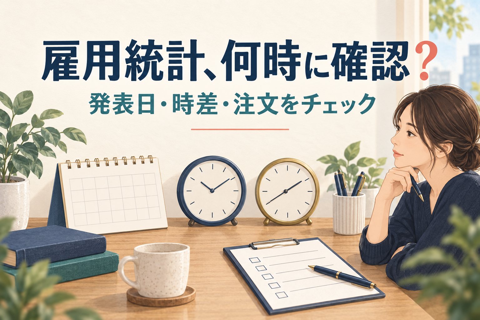 発表日と時差、注文を確認するための、カレンダー、2つの時計、チェック表の説明イラスト