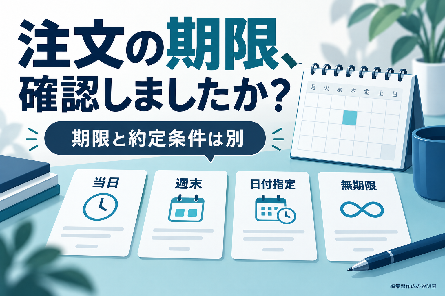 FX注文の有効期限として当日・週末・日付指定・無期限を示す説明図。期限と約定条件は別に確認する。
