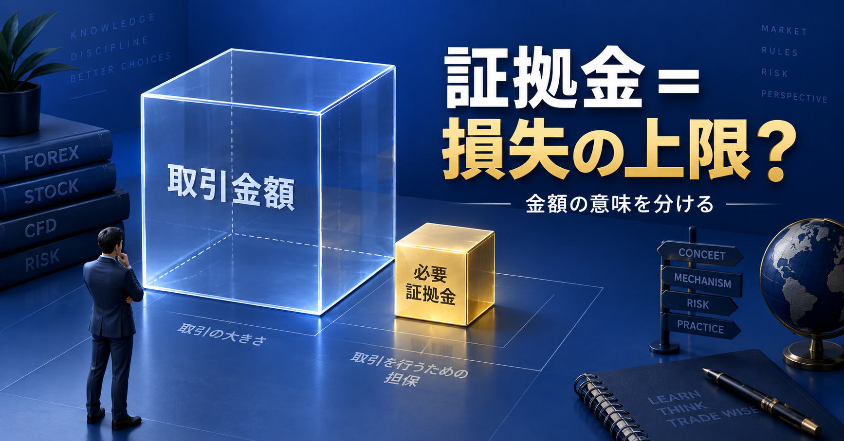 取引金額と必要証拠金の役割を大小の箱で分けた概念イラスト。比率は縮尺ではありません